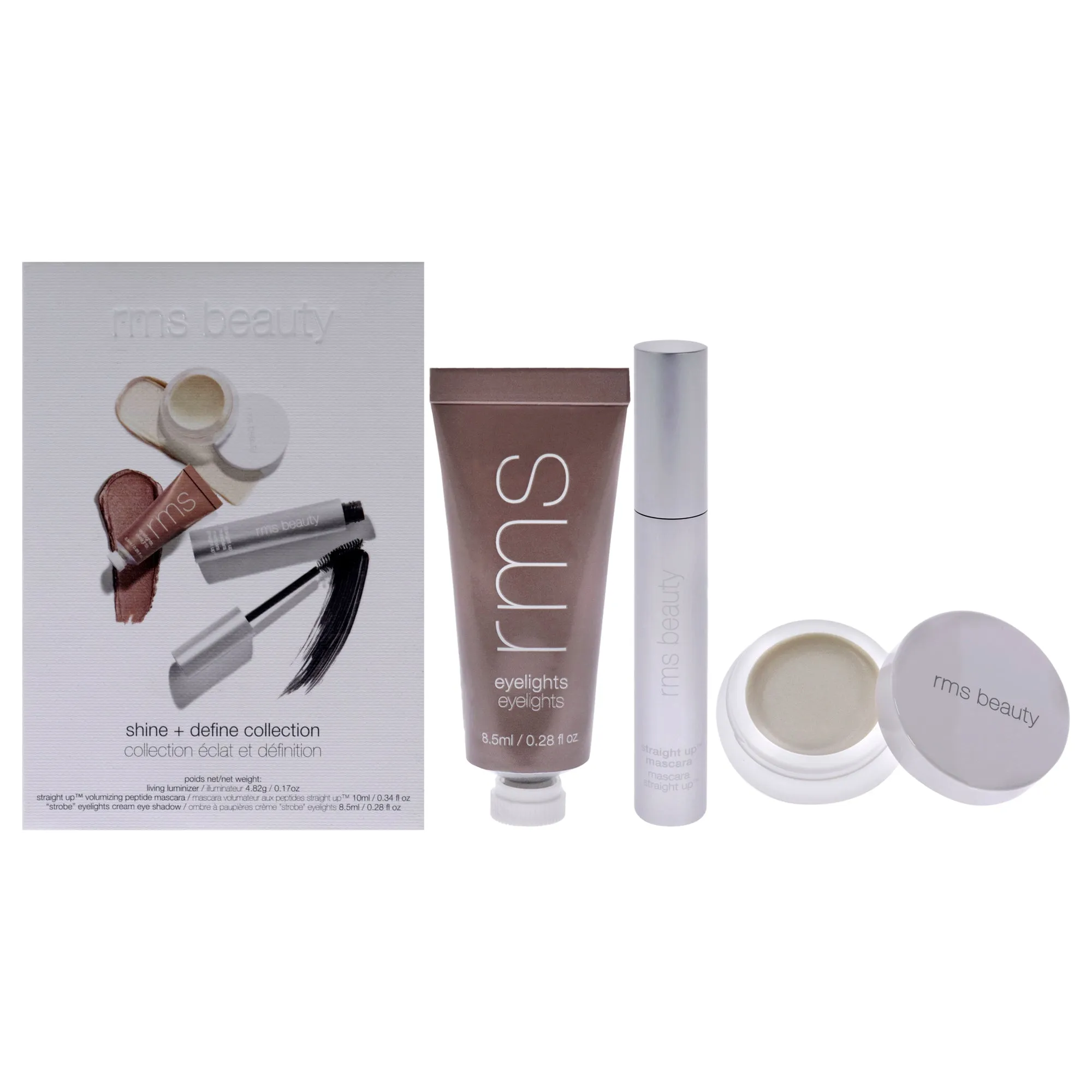 RMS Beauty Shine plus Define Collection by RMS Beauty for Women - 3 Pc 0.28oz Eyelights Cream Eye Shadow. 0.17oz Living Luminizer. 0.34oz Straight Up Volumizing Peptide Mascara