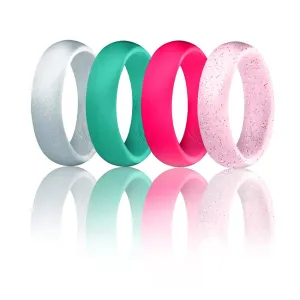 ROQ Silicone Wedding Ring - Dome Style Set by ROQ for Women - 4 x 11 mm Pink. Turquoise. White with Pink Glitter. Silver