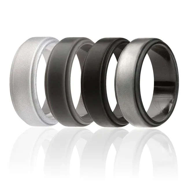 ROQ Silicone Wedding Ring - Step Edge Style Set by ROQ for Men - 4 x 9 mm Beveled Metalic Platinum. Black. Grey. Silver
