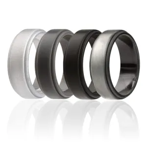 ROQ Silicone Wedding Ring - Step Edge Style Set by ROQ for Men - 4 x 9 mm Beveled Metalic Platinum. Black. Grey. Silver