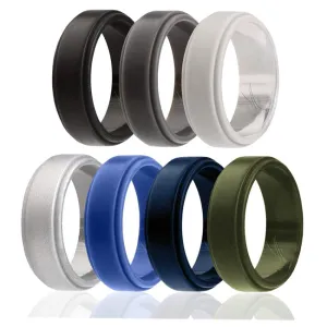 ROQ Silicone Wedding Ring - Step Edge Style Set by ROQ for Men - 7 x 13 mm Black. Grey. Light Grey. Silver. Blue. Navy Blue. Olive Green