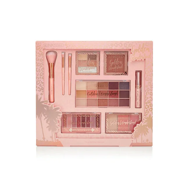 Sunkissed Golden Wonderland Set by Sunkissed for Women - 7 Pc Eyeshadow. Duo Bronzing Powder. Lip Palette. Contour Cream. Mascara. Highlighter. 2 Blusher